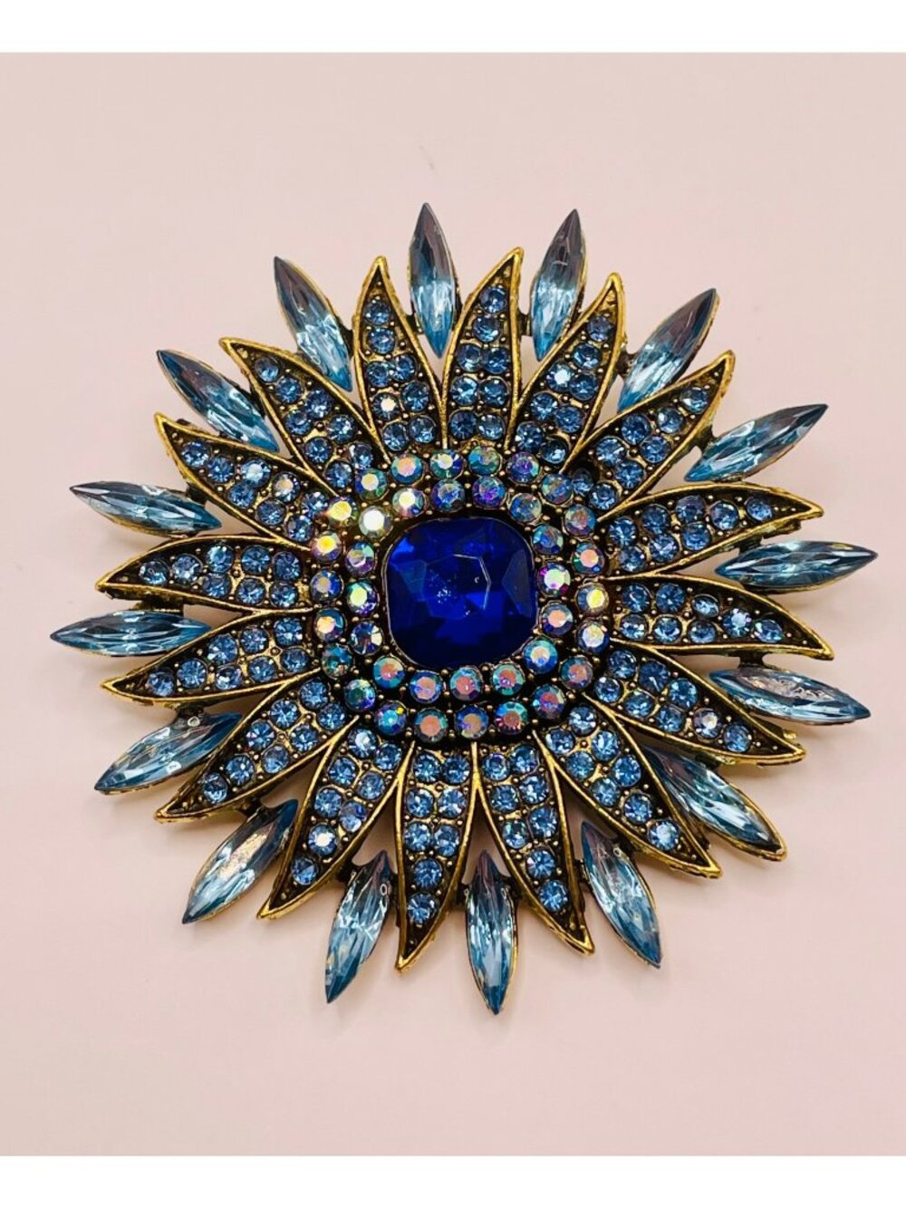 Gold-Tone Blue Rhinestone Sunburst Brooch Pin -106B